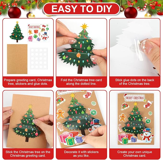COCHIE 24 Sets Christmas Card Making Kits 3D Christmas Tree Card Making Craft Kits for Kids Holiday Greeting Cards Bulk for Home Classroom Activities