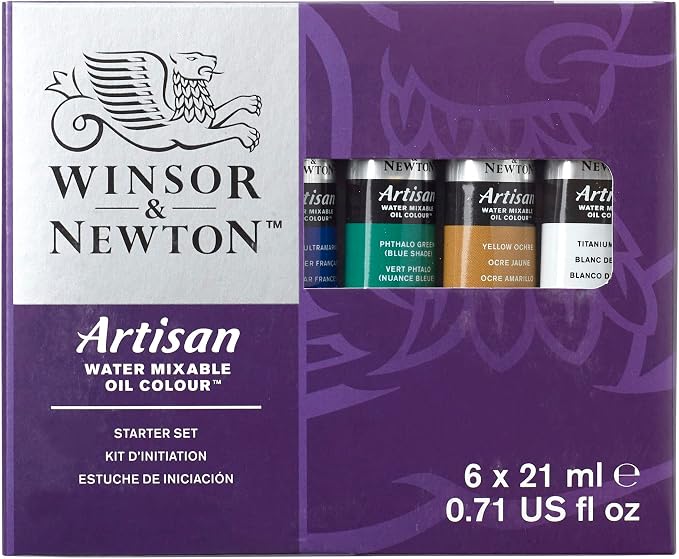 Winsor & Newton Artisan Water Mixable Oil Paint, Starter Set, 6 x 21ml | Clean with water; no solvents needed. Color depth, lightfastness, opacity/transparency are the same as traditional oils.