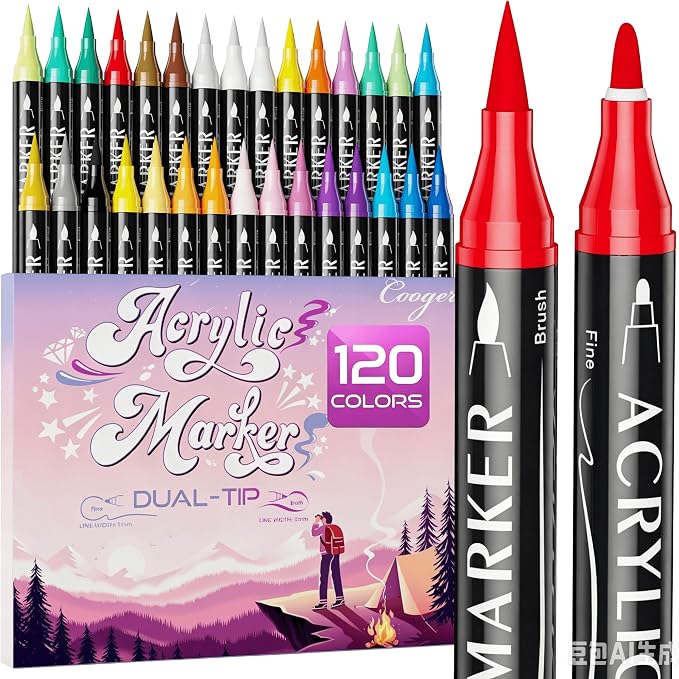 120 Colors Dual Tip Acrylic Paint Markers,Fine Tip and Brush Tip Permanent Acrylic Paint Pens For Rock Painting, Canvas, Wood, Glass, Ceramic, Fabric, Plastic, Egg, Scrapbook,Art Painting Supplies Kit