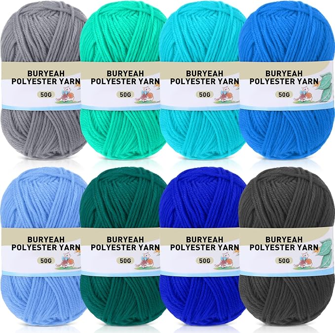 Buryeah Blue Series 8 Packs Crochet Yarn Knitting Bundle Beginner Acrylic Thread Fluffy Hand Tube Polyester Yarn Needles Bulky Kit Variety Pack 726 Yards for Weaving Crafts DIY Project Beginner