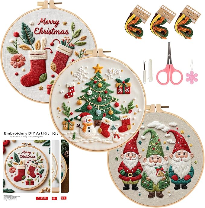 COCOMOX Christmas Embroidery Kit for Beginners, Hand Craft Gift for Adults | 3 Different Christmas Pattern, Cross Stitch Kits