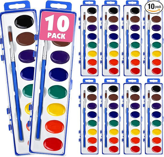 10 Pack Watercolor Paint Set, 8 Colors Water Color Paint Set for kids with Paintbrush. Washable Watercolors Paint for Parties, Birthday Party Favor, Valentine's Day Presents for kids, Classrooms and Teacher Supplies