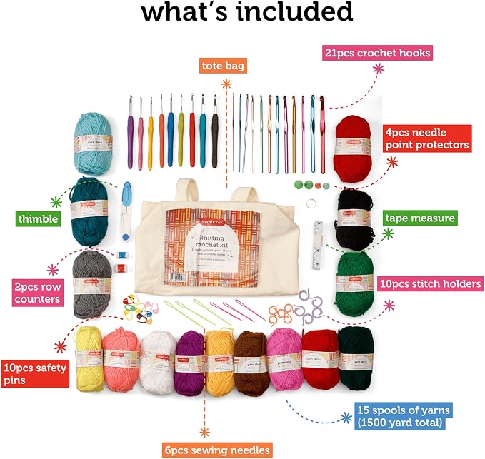 Incraftables Crochet Kit for Beginners – 85 Piece Beginner Crochet Kit for Adults & Kids with Yarn, Hooks, Accessories & Bonus Tote Bag Organizer – Learn to Crochet with Complete Starter Set