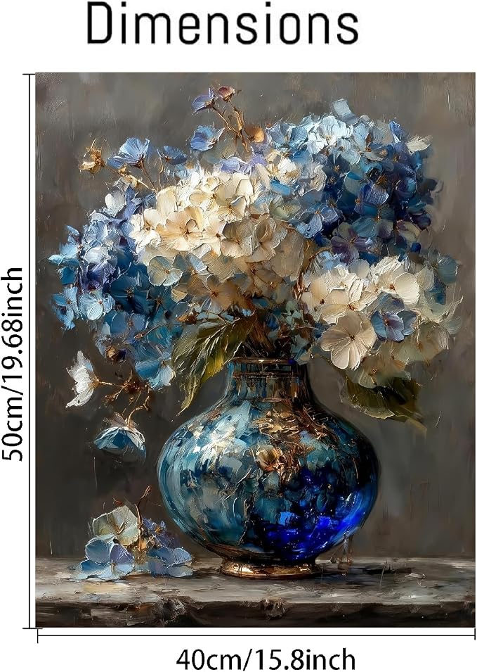 pchmcu Hydrangea in Glass Vase Paint by Numbers Kits for Adults,Blue and White Flowers Paint by Number for Adults Beginner, Paint by Numbers Kits on Canvas Frameless for Home Wall Decor 16x20inch