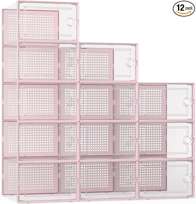 Kuject X-Large Shoe Storage Boxes 12 Pack, Clear Stackable Shoe Organizer