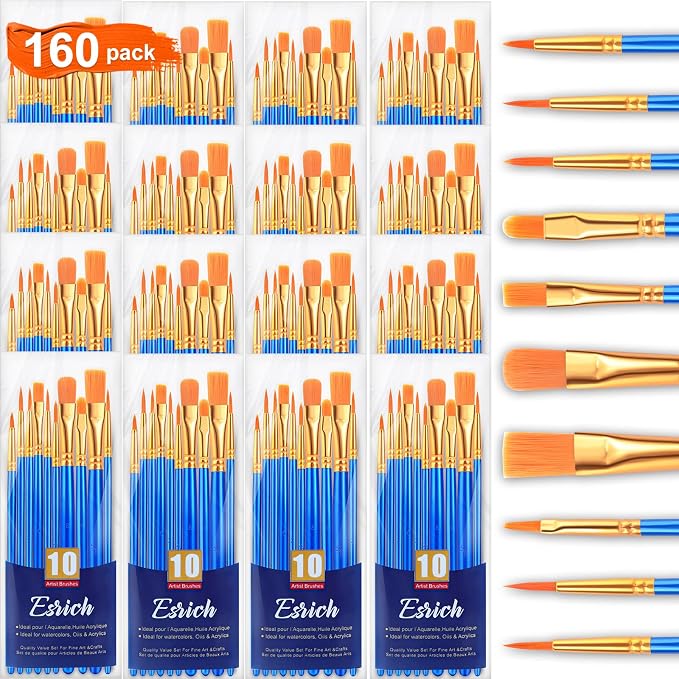 ESRICH 160PCS Paint Brushes, Paint Brush for Acrylic Painting | Artist Paintbrushes for Oil Watercolor, Body Face Rock Canvas, Small Paint Brushes for Kids