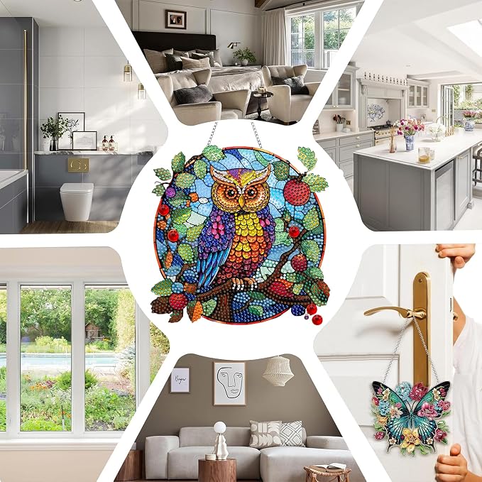 SKRYUIE Owl Hanging Pearl Diamond Art Kits for Adults Suncatcher A50 | Special Shaped Crystal DIY Hanging Diamond Painting Kit, Gift for Mother Spring Summer Window Wreath Decor 7.72 x 7.64 Inch