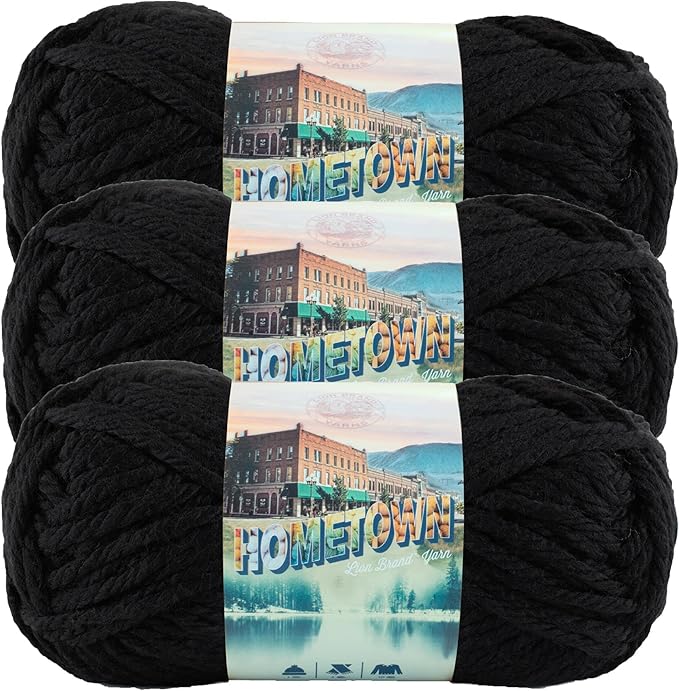 Lion Brand Yarn Hometown Yarn, Super-Bulky Yarn for Knitting, Crocheting, and Crafting, 3 Pack, Oakland Black | Super Bulky Acrylic Fiber for Warm Crochet Blankets, Knit Winter Hats, Chunky Cardigans, Soft Scarves, Weaving
