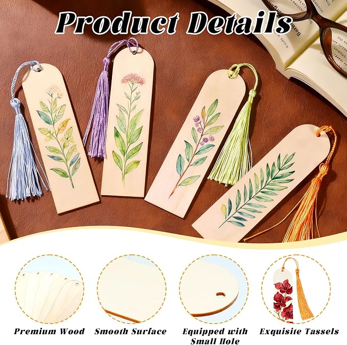 50 Pcs Wooden Bookmarks, Unfinished Wooden Bookmarks with 50 Pcs Tassels, DIY Blank Wood Bookmark for DIY Art Crafts, Birthday Gifts, Christmas Party Decoration (Arch Shape)