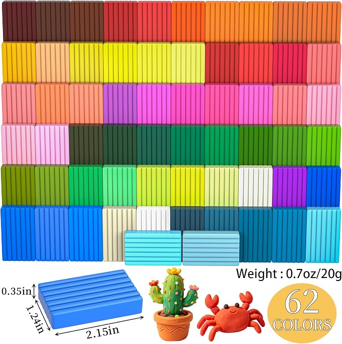 148 Pcs Polymer Clays 62 Bright Colors Oven Bake Clay Non-Sticky Modeling Clay DIY Starter Kit with Sculpting Tool and Accessories for Beginner Artists Jewelry Making Craft Gifts