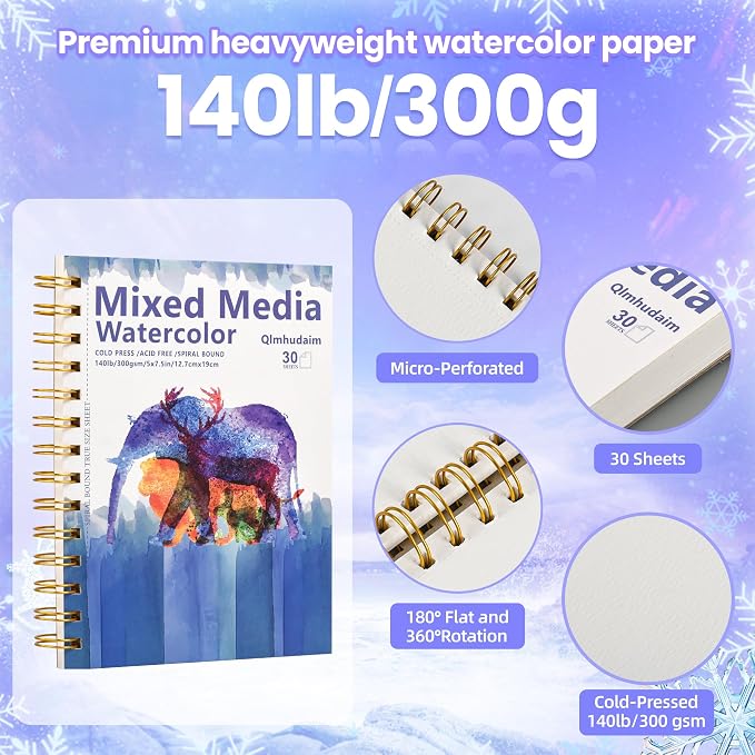 2-Pack 5"x7.5" Watercolor Paper Pad,Tear-Out Spiral Binding,(30 Sheets，140lb/300g): for School Art Class & Professional Use - Perfect for Watercolor Sketches,Watercolors,& Painting Journal