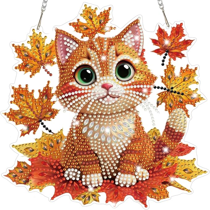 Bowetile Fall Squirrel Diamond Art Hanging Kits for Adults, Diamond Art Suncatchers Maple Leaf, 5D Special Shape Autumn Diamond Painting Pendant Window Ornament Gifts for Home Door Wall Decor