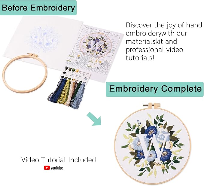 Harimau Letter Pattern W Embroidery Kit for Adult Beginners, Complete Starter Pack with 1 Hoop, Needles, Instruction Guide & Embroidery Stitch Video Tutorials