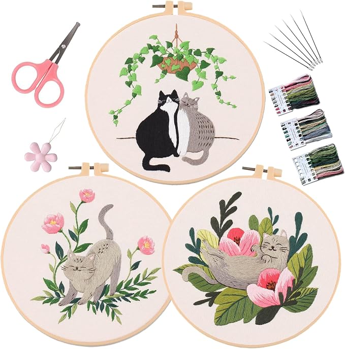 LB Funny Cat Embroidery Kit for Beginners Adults, 3 Sets Hand Embroidery Starter Kit with Floral Pattern and Instructions Stamped Cross Stitch Kits Include Embroidery Hoop Needles Threads Scissors