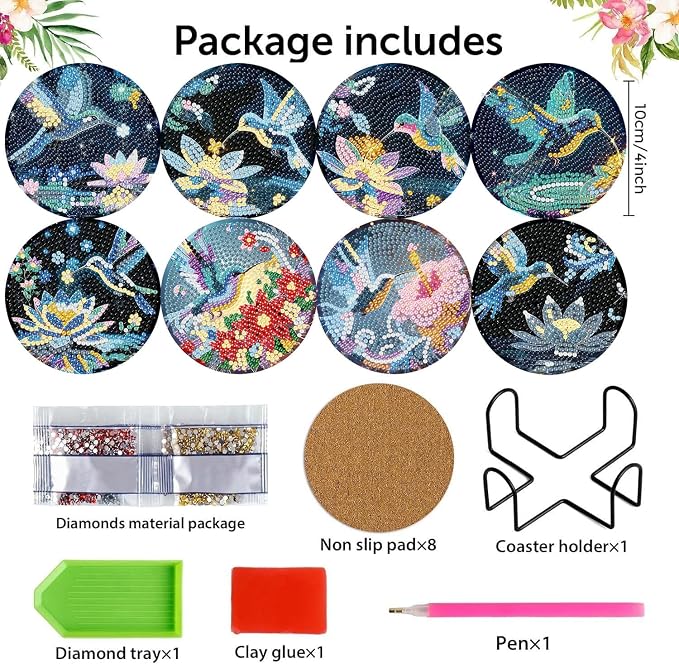 8 Pcs Diamond Art Coasters Kits, Hummingbird Diamond Painting Coasters Kits