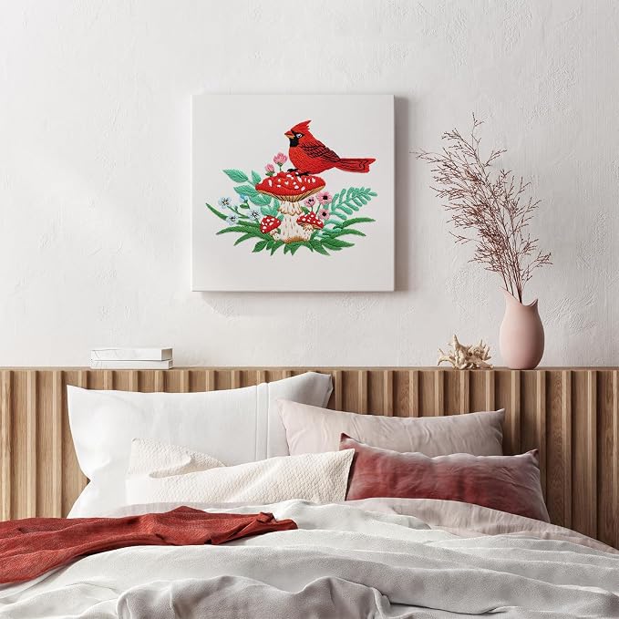 Louise Maelys Cardinal Mushroom Embroidery Kit for Beginners DIY Craft | DIY Needlepoint Kit with Pre-Printed Fabric, Hoop, Threads, Needles and Guide. Cross Stitch Kit for Adults with Nature Design