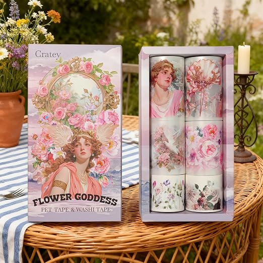 Pre-Cut PET Tape Stickers, Pet Washi Tape Set for Journaling - 4 Rolls PET & 2 Rolls Washi Tape, Greek Goddess Style with Renaissance Women & Architecture