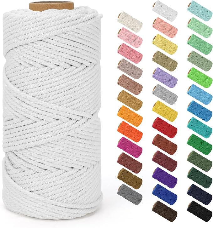 Macrame Cord 4mm x 109Yards (328Feet), Natural Cotton Macrame Rope - 4 Strands Twisted Macrame Cotton Cord for Wall Hanging, Plant Hangers, Crafts, Gift Wrapping and Wedding Decorations, White