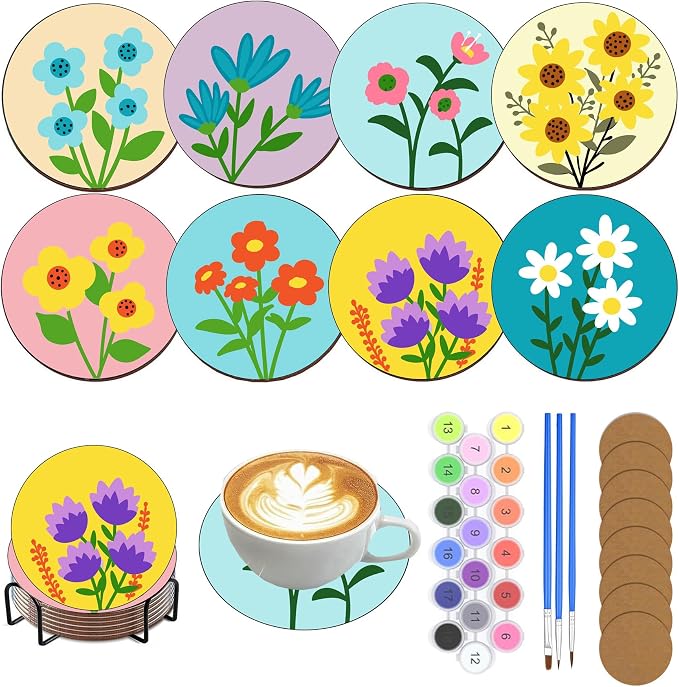 8 Pack Floral Paint by Numbers Kits Coasters with Holder Cork Pads | Flowers Paint by Number Kits for Adults Simple Round Oil Painting Coaster for Small DIY Craft Holiday Birthday Gift 3.9x3.9in