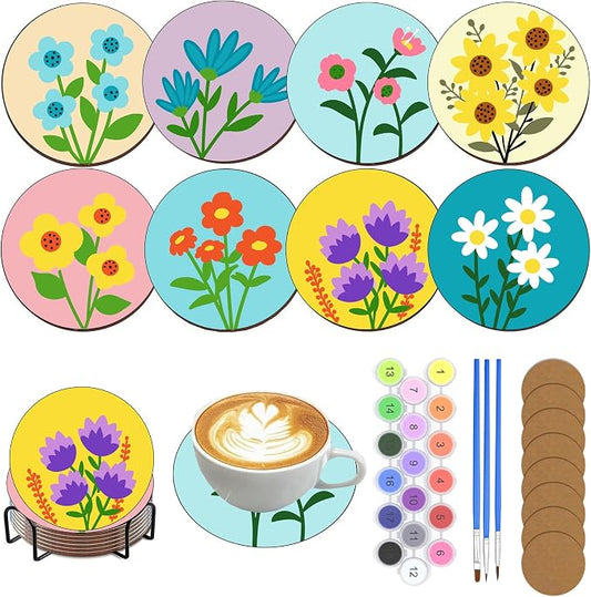 8 Pack Floral Paint by Numbers Kits Coasters with Holder Cork Pads | Flowers Paint by Number Kits for Adults Simple Round Oil Painting Coaster for Small DIY Craft Holiday Birthday Gift 3.9x3.9in