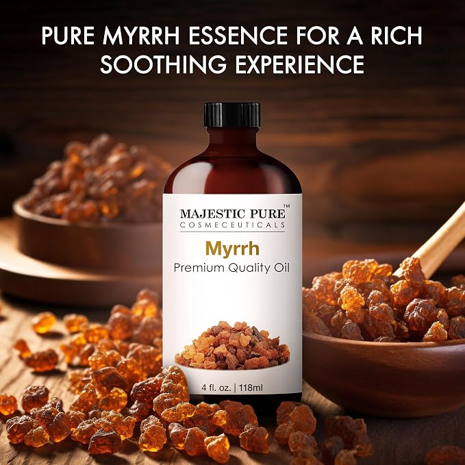 Majestic Pure Myrrh Essential Oil for Diffuser - 4 Fl Oz | 100% Pure and Natural Essential Oils for Aromatherapy, Massage, Perfume, Blend with Carrier Oil for Skincare, Myrrh Oil