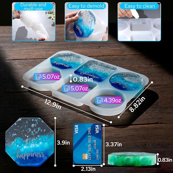 LET'S RESIN Extra Deep Coaster Resin Molds, 4Inches 6 Cavity Silicone Molds | Round/Square/Octagon Shape Mould for Epoxy Resin, Flower Preservation, DIY Art Craft Cup Mats