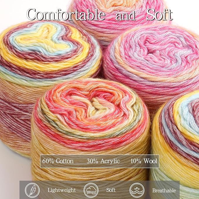 Katech 4 Pack of 100g/3.52 oz Gradient Cake Yarn for Crocheting-Ombre Yarn | 100g/3.52 oz-DK Light Weight #3-60% Cotton 30% Acrylic 10% Wool-Perfect for Scarves, Shawls, Blankets and Garments(H)