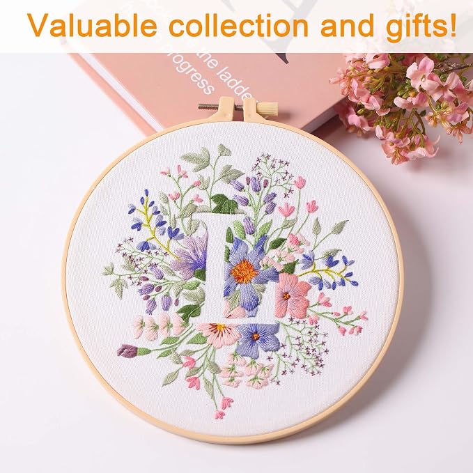 Harimau Letter L Pattern Embroidery Kit for Adult Beginners, Complete Starter Pack with 1 Hoop, Needles, Instruction Guide & Embroidery Stitch Video Tutorials