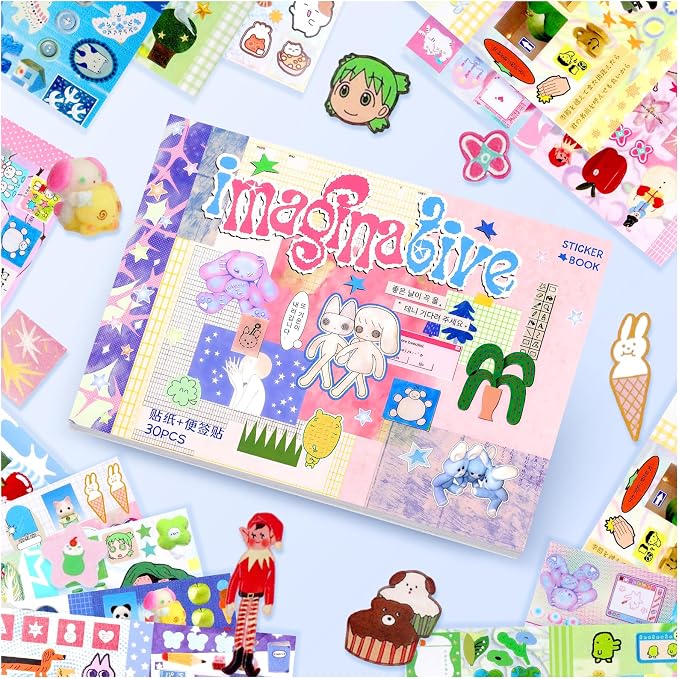 Tmtains 30 Sheets Kawaii Japanese Sticker Book Manga Books Style Writable Note Sticker Glitter Sand Aesthetic Japanese Korean Stickers Book for Adults Scrapbooking Notebook Supplies (Wonderful Ideas)