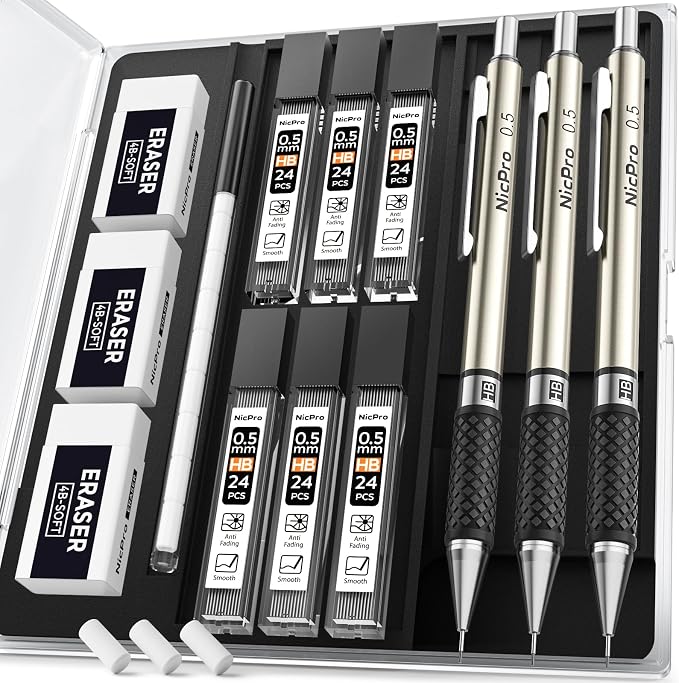 Nicpro 0.5 mm Art Mechanical Pencil Set in Storage Case, 3 PCS | Metal Drafting Pencil Lead Pencil+6 Tube HB Refills, 12 Erasers, Comfort Grip For School Writing, Artist Drawing, Sketching