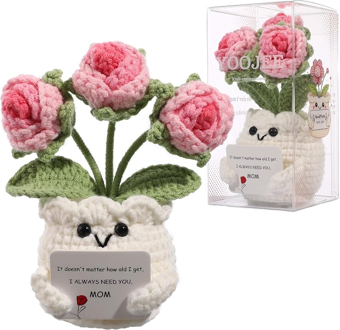 Crochet Rose Gift for Mom – Mothers Day Gifts from Daughter Son, Handmade Pink Rose Flower with Card “I Always Need You, Mom”, Cute Desk Decor, Ready-to-Gift with Clear Box