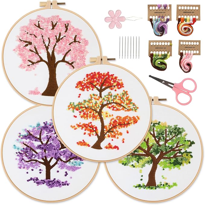 Sivilife Embroidery Starter Kit for Beginners, 4 Sets Stamped Cross Stitch Kits for Adult, Seasonal Tree Pattern Hand DIY Kits with 2 Embroidery Hoop Instructions Color Threads Needles and Scissor