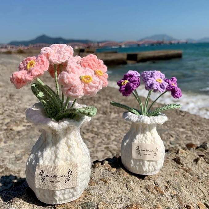 Forget-me-not Crochet Flower Potted Plant Pink - Handmade Desk Decor for Her Girlfriend Wife Mom Friends Sister Graduation Birthday Wedding Anniversary Home Decoration