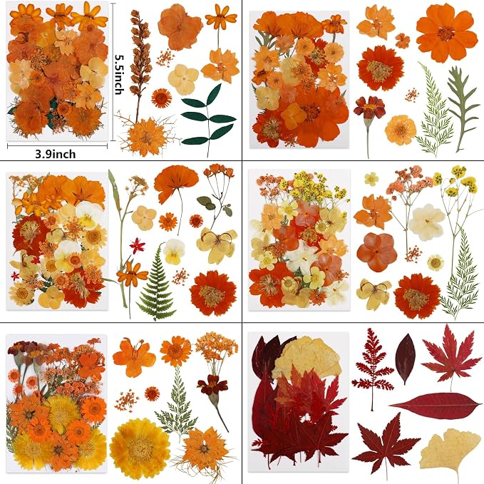 NESCCI 350 Pcs Orange Fall Dried Flowers for Crafts,Real Nature Dried Flowers for Craft Bulk Dry Flowers Leaves Kit Used for Resin Molds Scrapbooking DIY Art Crafts Candle Soap Making Nails Décor