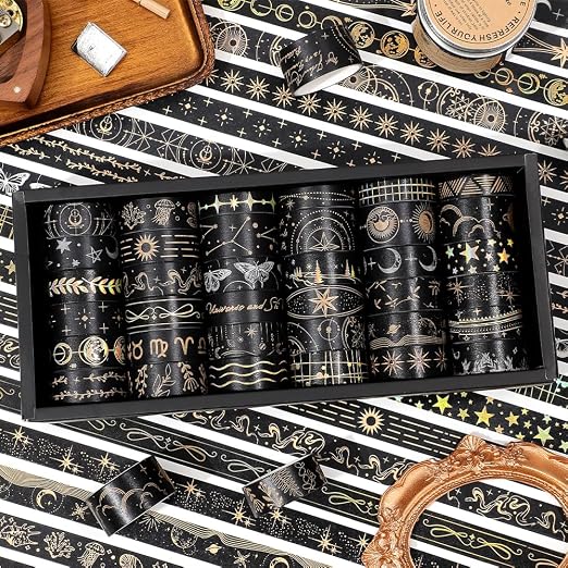 icceemee 36 Rolls Starry Theme Washi Tape Set with Celestial Patterns - Writeable Decorative Tapes for Scrapbooking, Junk Journal Supplies, Bullet Journaling 0.6" x 79" per Roll
