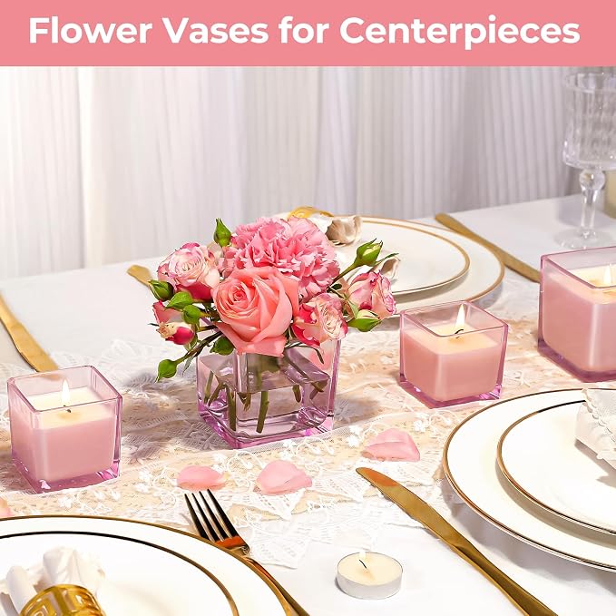 CONNOO 12 Pack 9oz & 3oz Pink Glass Square Candle Jars with Bamboo Lids