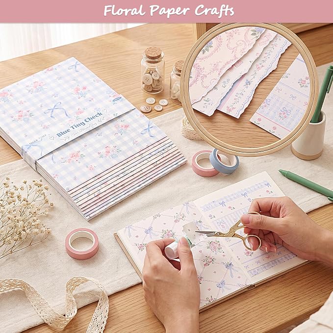 Scrapbook Paper Pink Blue Double Sided Floral Decorative Paper Pack for Card Making Junk Journals Wedding Invitations Photo Albums Decoupage Origami DIY Paper Crafts