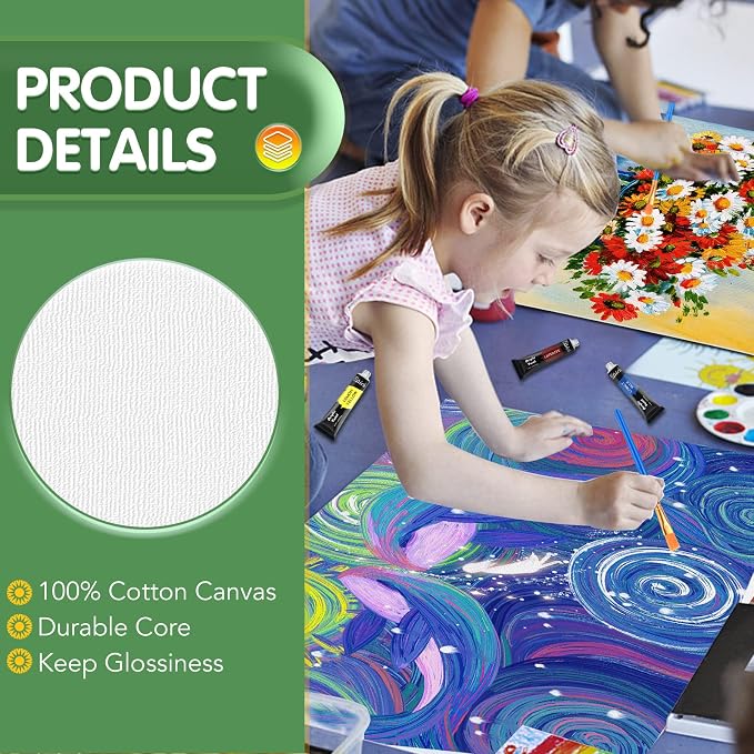 ESRICH Canvases for Painting, 36 Pack Canvas Boards 4x4, 6x6, 8x8, 5x7, 8x10, 9x12, 11x14, Round Canvas Panels with 8x8,10x10-Cotton Primed Blank Large Canvases for Acrylic, Oil, Gouache & Tempera.