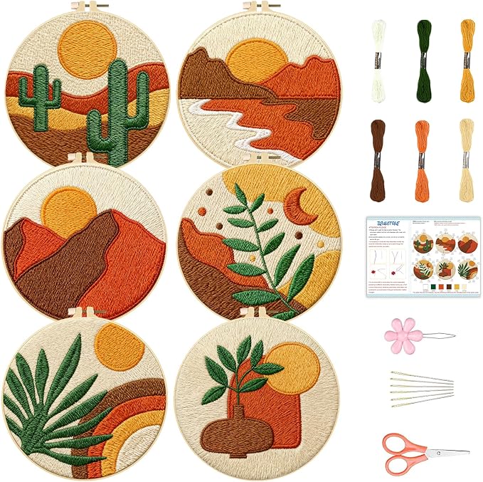 BEUNITONE 6 Set Bohemian Starter Embroidery Kit with Pre-Stamped Pattern