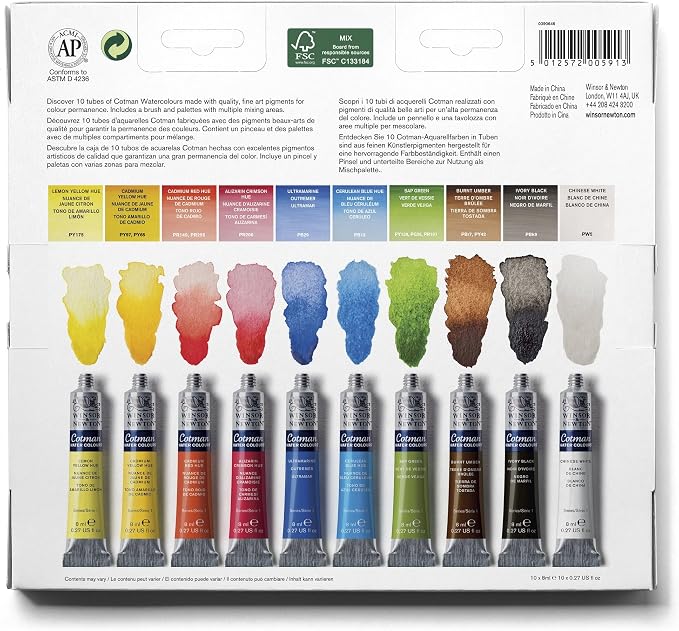 Winsor & Newton Cotman Watercolor Paint Set, 12 Colors Palette Set, 8ml (0.27-oz) Tubes w/ Brush | Introductory Watercolor made with Fine Art Pigments, Perfect for Beginners, Lightfast & Permanent, Good Tinting Strength