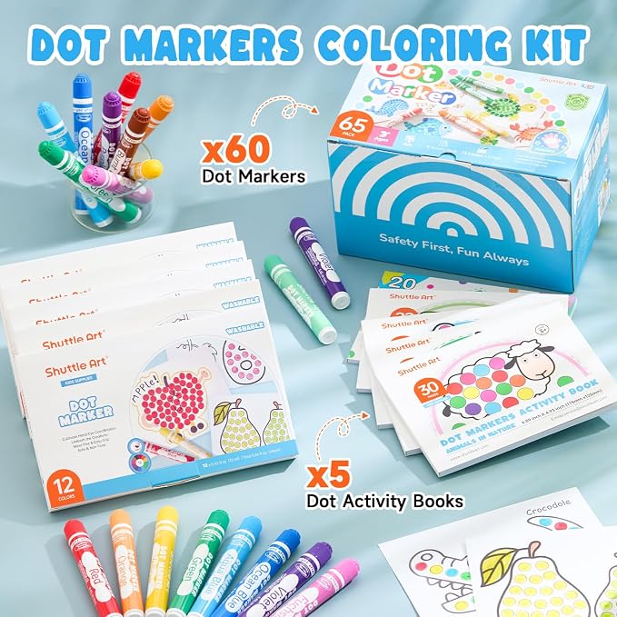 Shuttle Art Dot Markers, 60 Pack 12 Colors Washable Dot Markers with 135 Activity Sheets, 5 Activity Books, Fun Art Supplies for Kids Toddlers and Preschoolers, Non Toxic Water-Based Paint Daubers