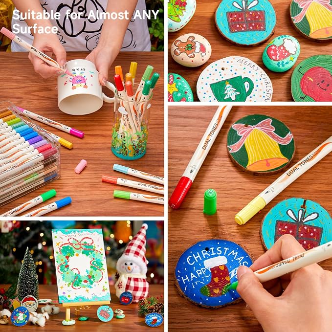 Shuttle Art 120 Colors Dual Tone Acrylic Paint Markers, 60 Pack Acrylic Paint Pens Set for Rock Painting, Ceramic, Wood, Canvas, Glass, Stone, Fabric, Card Making, DIY Football Crafts, FlipFunAlong