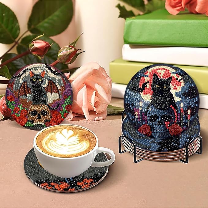 askkqtx 8 Pcs Halloween Diamond Art Coasters Kits with Holder 4X4 Inch
