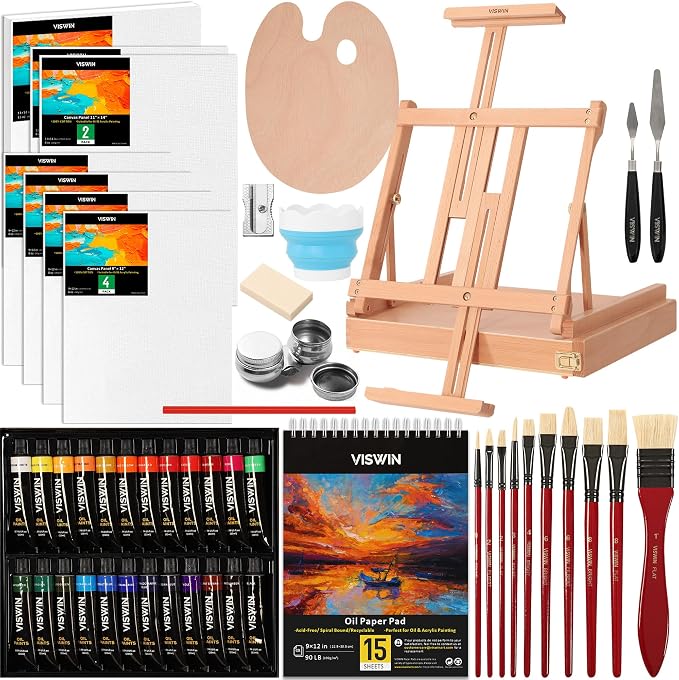VISWIN Deluxe Oil Paint Set with Beech Wood Easel Box, Advanced Painting Kit with Paint Brush, Canvas, Palette, Oil Cup, Brush Washer, Pencils, Art Supplies, Painting Set for Adult, Artist, Beginners