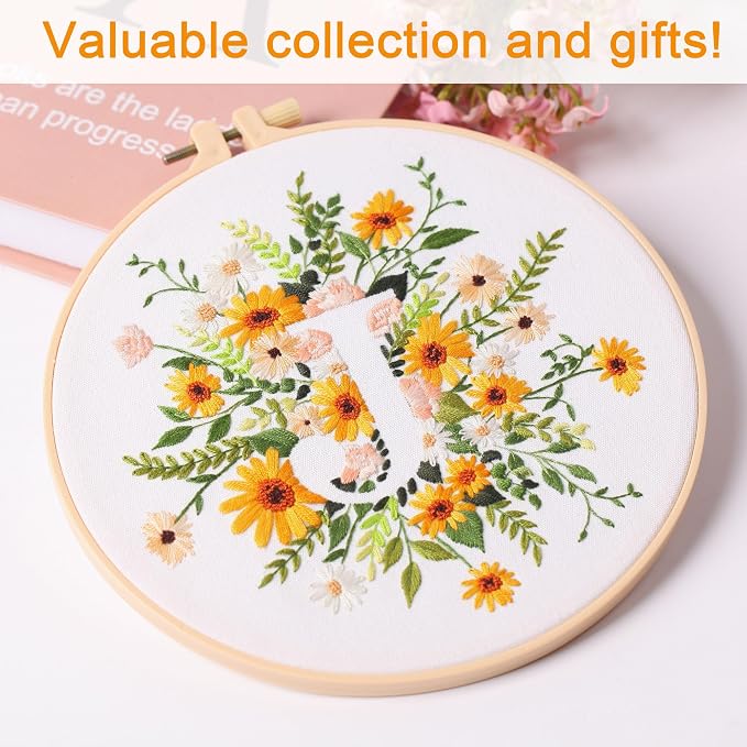 Harimau Letter J Pattern Embroidery Kit for Adult Beginners, Complete Starter Pack with 1 Hoop, Needles, Instruction Guide & Embroidery Stitch Video Tutorials