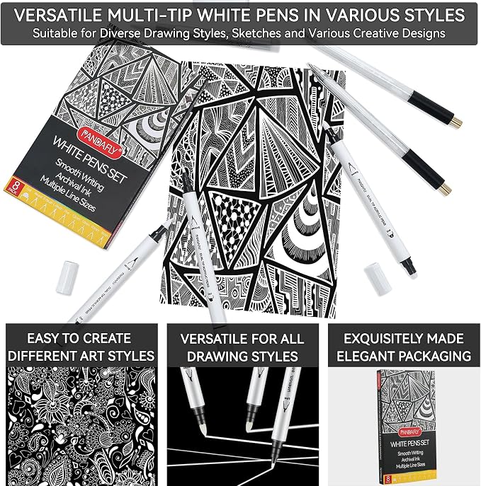 PANDAFLY 8 Pack White Pens Set, White Gel Pens, Dual-Tip Acrylic Paint Pens