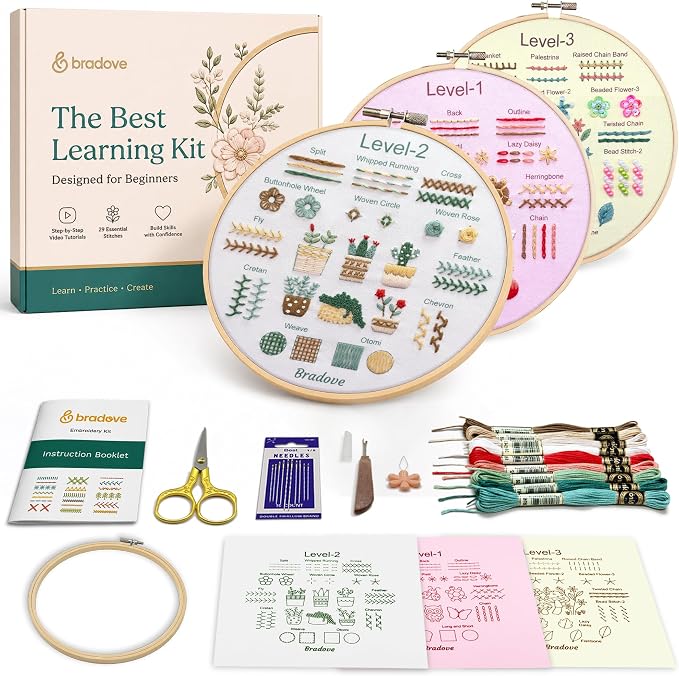 Bradove Beginner Embroidery Kit for Adults and Kids | Hand Embroidery Kit for Beginners with Patterns, Learn to Embroider Kit Adult Beginner, Stitches Practice, Learn to Sew