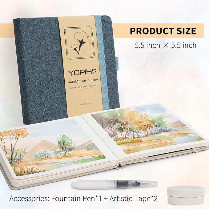 Yopih Artists Premium Linen Watercolor Sketchbook 5.5 x 5.5 in Navy