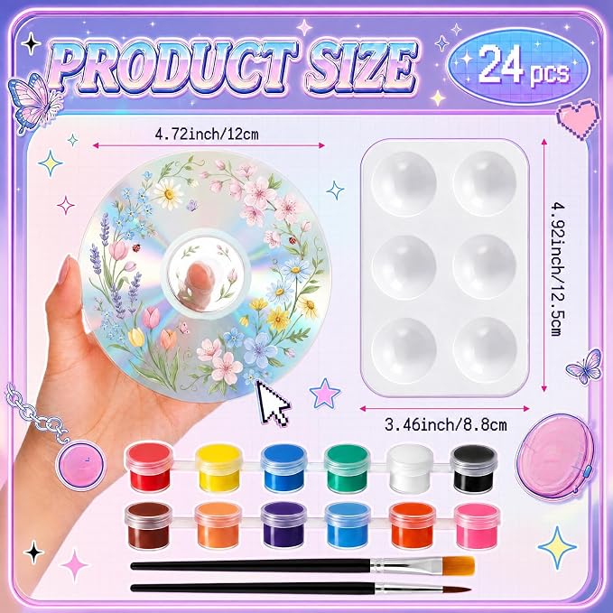 Sabary 29 Pcs DIY CD Painting Kit Painting Gift Includ 24 Pcs 4.72'' Blank Cds 12 Colors Acrylic Paint with 2 Brushes Ideal for CD Art Craft Kit for Creative Projects Home Decor Activities