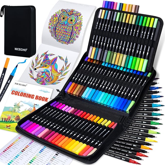 Nicecho 72 Colors Dual Tip Art Markers Pens for Adult Coloring Books | Brush Tip + Fine Tip, Coloring Marker for Drawing Journaling Note Taking Lettering, Durable Case